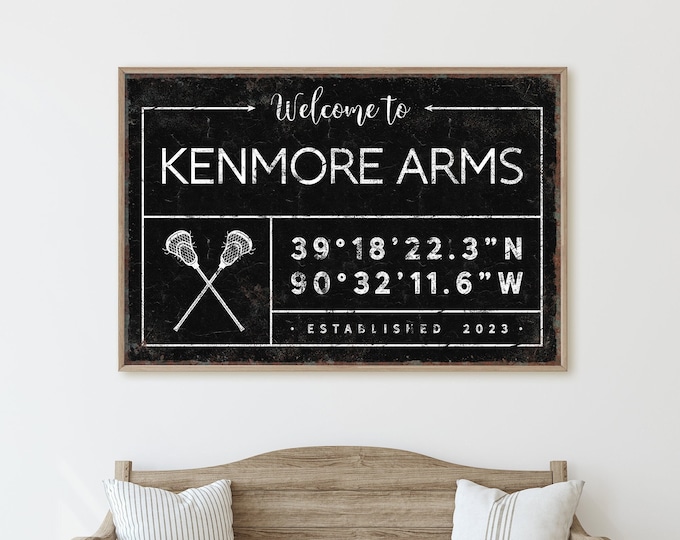 vintage WELCOME sign • custom coordinates with lacrosse art • personalized last name canvas decor, modern black farmhouse wall art {gdb}