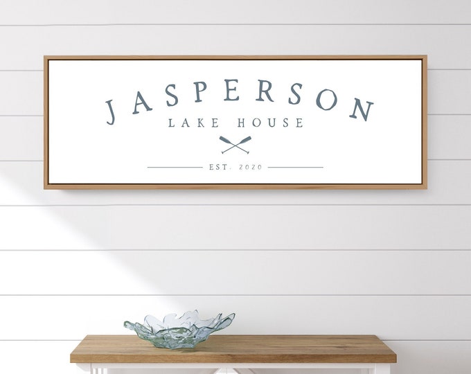 large LAKE HOUSE canvas > personalized last name sign, white farmhouse wall art, framed nautical blue print with boating oars icon {ctw}