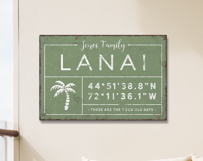 personalized LANAI sign, personalized last name canvas, lanai signs for outdoor, custom coordinates, palm tree wall art {gdb}