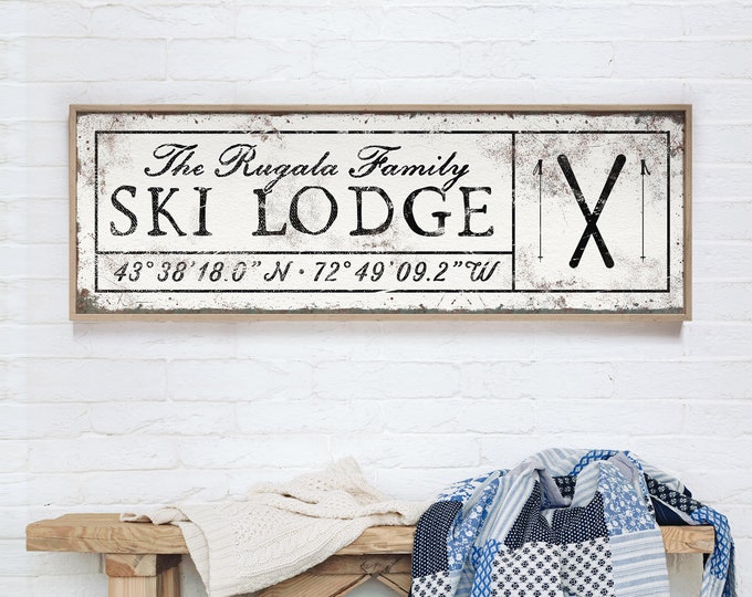 SKI LODGE sign with latitude & longitude > faux rusty white metal farmhouse decor, skiing wall art for above fireplace with ski art {sew}