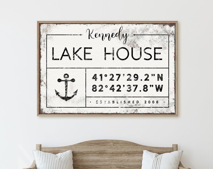 vintage LAKEHOUSE sign > custom lakehouse decor, nautical anchor wall art, canvas family name sign with lattitude and longitude {gdw}