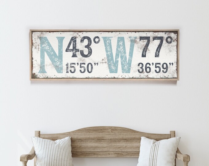 Vintage Blue Latitude & Longitude Canvas Sign, Faux Rusty Metal Sign for Farmhouse Decor, GPS Coordinates Wall Art for Above Couch {gsw}