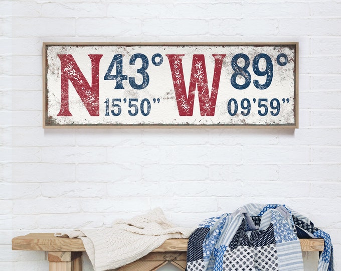 Vintage Red White and Blue Coordinates Sign, Latitude & Longitude Canvas for Modern Farmhouse Decor, Personalized GPS Wall Art {gsw}