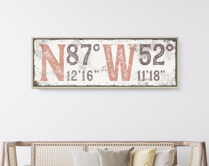 Vintage Coral Latitude & Longitude Canvas Sign, Faux Rusty Metal Sign for Farmhouse Decor, GPS Coordinates Wall Art for Above Couch {gsw}