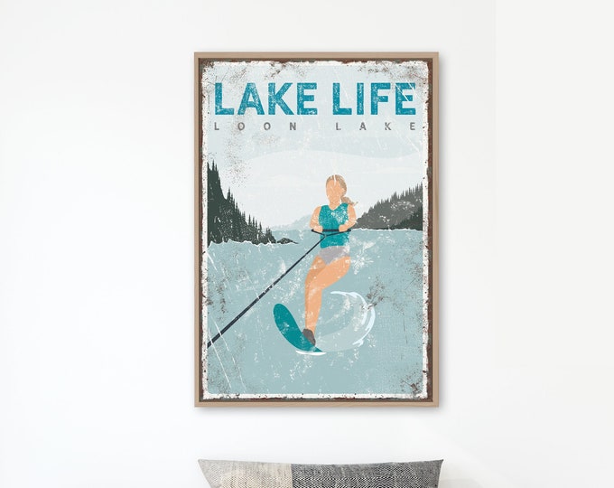 personalized LAKE LIFE sign > custom water skiing poster for lake house decor, slalom water ski gift for her, teal vintage lake art {vpl}