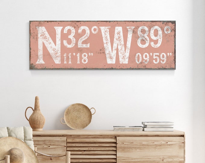 Coral GPS Coordinates Sign, Coral and White Vintage Typography Wall Art, Large Canvas Latitude & Longitude Print for Modern Farmhouse {gsb}