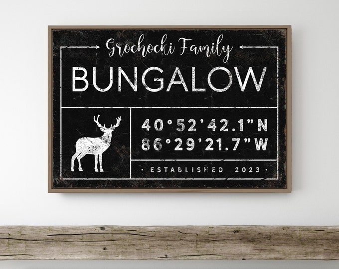 vintage BUNGALOW sign • custom coordinates with buck deer art • personalized last name canvas decor, modern black farmhouse wall art {gdb}