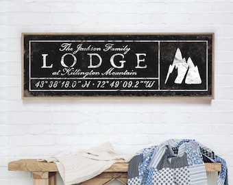black mountain LODGE decor > vintage faux rusty metal ski house sign, farmhouse wall art, personalized latitude & longitude {seb}