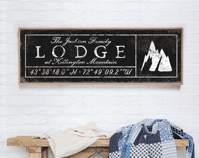 black mountain LODGE decor > vintage faux rusty metal ski house sign, farmhouse wall art, personalized latitude & longitude {seb}