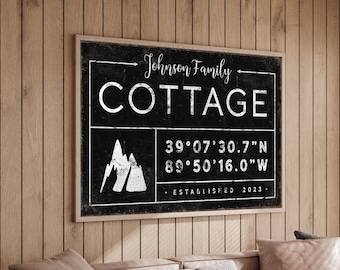 vintage COTTAGE sign • custom coordinates with ski mountain art • personalized last name canvas decor, modern black farmhouse wall art {gdb}