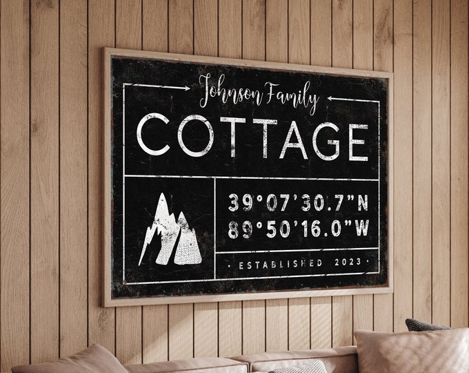 vintage COTTAGE sign • custom coordinates with ski mountain art • personalized last name canvas decor, modern black farmhouse wall art {gdb}