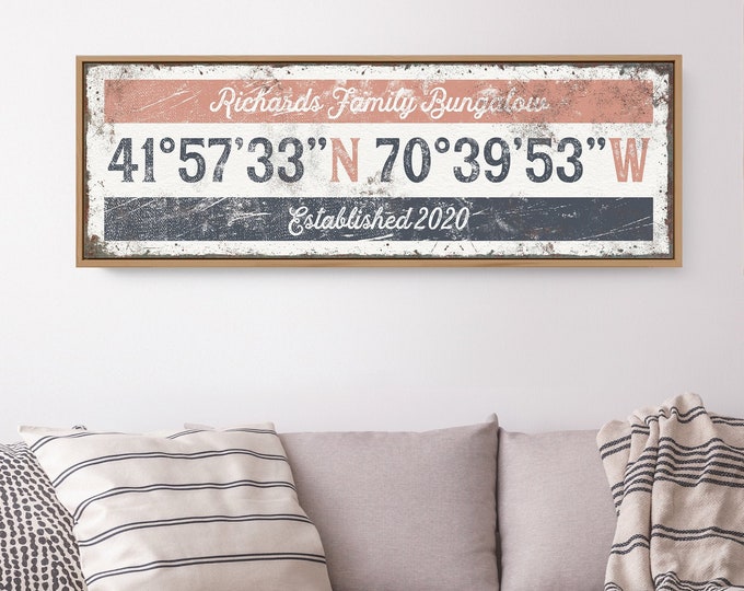 custom COORDINATES canvas > vintage beach house wall decor gift, coral bungalow art, personalized longitude latitude GPS art print {grw}