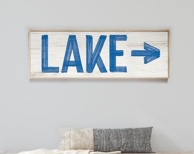 Lake sign with arrow > ocean blue lake house decor, left or right arrow, custom color vintage farmhouse print on lightweight canvas {pww}