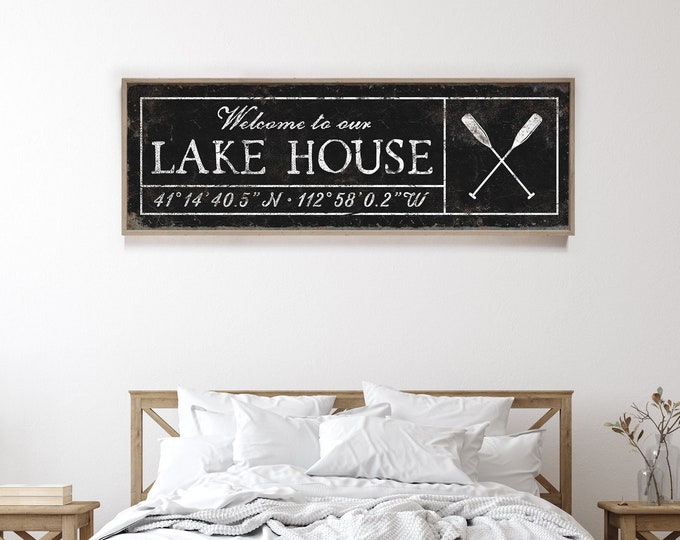 nautical LAKE HOUSE decor > vintage black faux rusty metal sign, crossed oars art, personalized coordinates sign, latitude & longitude {seb}