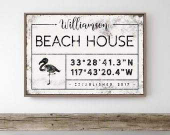 vintage BEACHHOUSE sign with flamingo > large framed canvas for beach house decor, custom family name and coordinates wall art print {gdw}