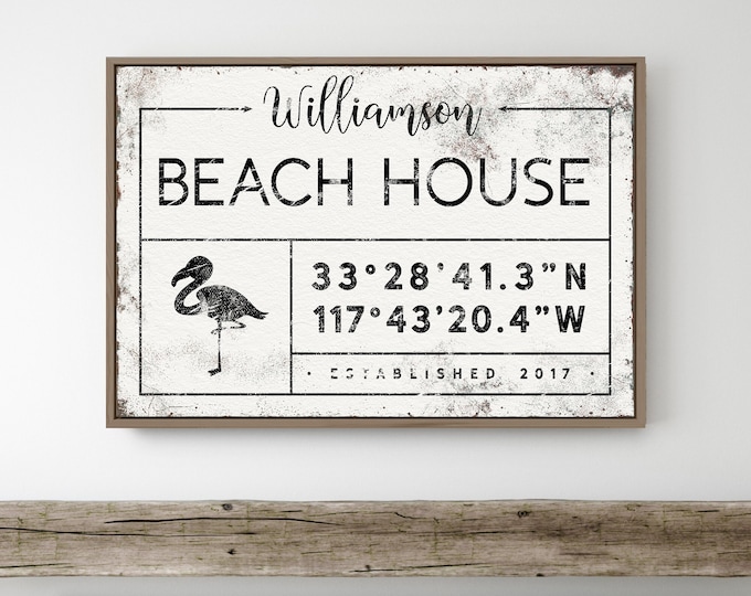 vintage BEACHHOUSE sign with flamingo > large framed canvas for beach house decor, custom family name and coordinates wall art print {gdw}