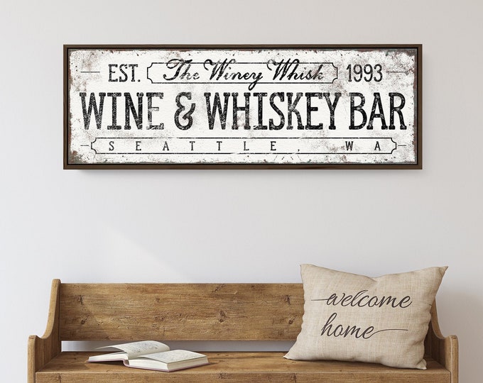 personalized WINE & WHISKEY BAR sign • large bar cart accessory for home bar • custom vintage bar sign • antique white farmhouse decor {svw}