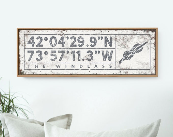 custom COORDINATES sign with infinity knot rope > personalized lake house decor wall art, gray canvas print with custom GPS location {sgw}