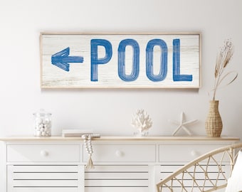 Vintage POOL sign for above door > ocean blue sign for pool with left arrow, housewarming gift for couple, faux distressed wood art {pww}