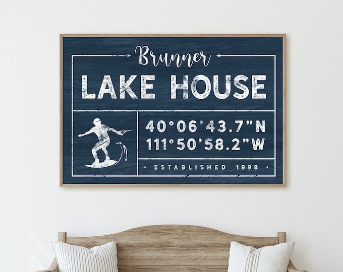 LAKE HOUSE sign > wakeboarding canvas print, personalized lakehouse decor with family name, nautical blue wall art with wake board art {gdo}