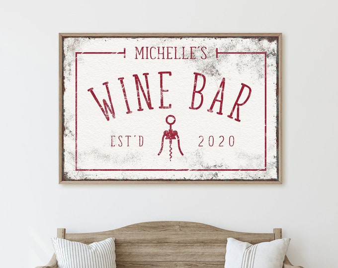 personalized WINE BAR canvas > vintage wine sign for home bar decor, custom corkscrew art print on large framed canvas, winery gift idea