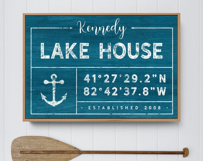 distressed LAKE HOUSE sign > personalized lakehouse decor canvas with family name, blue green wall art with anchor art, nautical art {gdo}