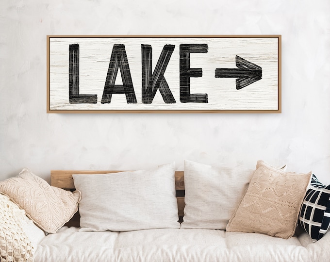 Vintage LAKE house decor > black and white lake sign with arrow pointing right, faux weathered wood, coastal wall art for above couch {pww}