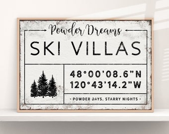 vintage SKI VILLAS sign, personalized last name canvas, winter wall art, custom coordinates, ski mountain wall art, vintage farmhouse {gdb}