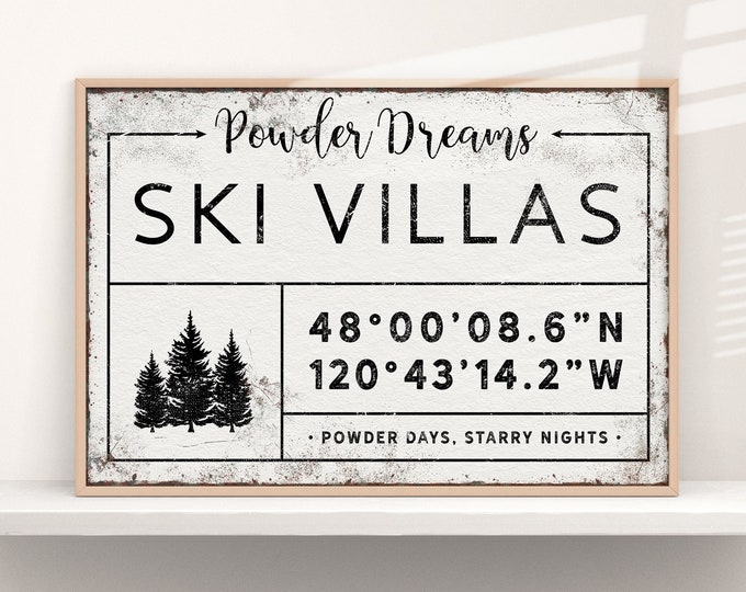 vintage SKI VILLAS sign, personalized last name canvas, winter wall art, custom coordinates, ski mountain wall art, vintage farmhouse {gdw}