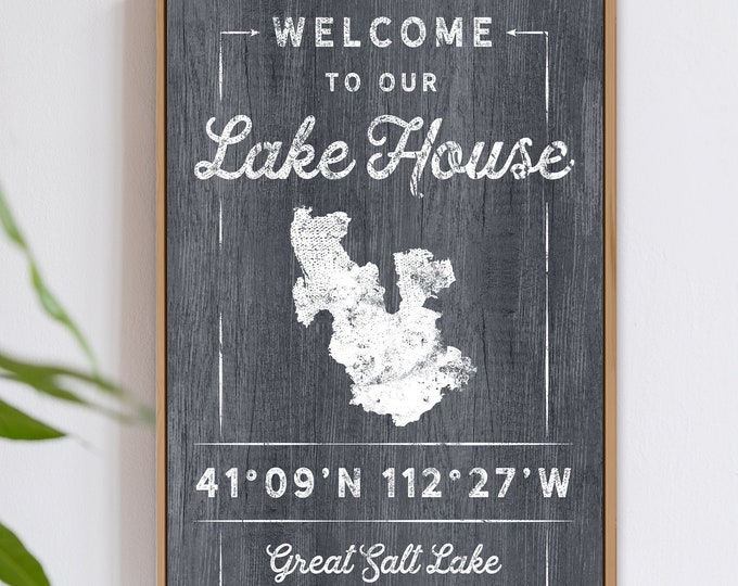 gray LAKE HOUSE canvas > custom sign with coordinates, personalized farmhouse canvas wall art for Great Salt Lake lakehouse decor {lgo}