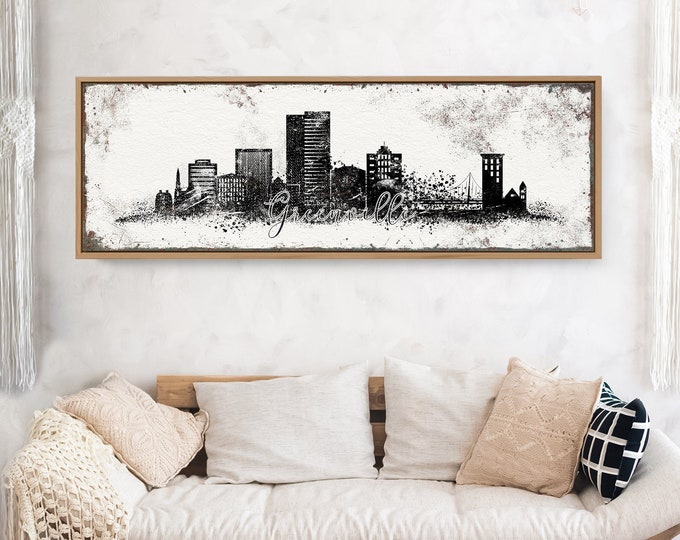 GREENVILLE SKYLINE sign > black and white wall art for modern farmhouse decor, extra large art print, custom framed canvas