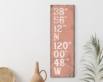 Personalized Longitude & Latitude Wall Art, Vintage Coral Pink Canvas Art Print, Retro GPS Coordinates Sign for Modern Farmhouse Decor {tgb}