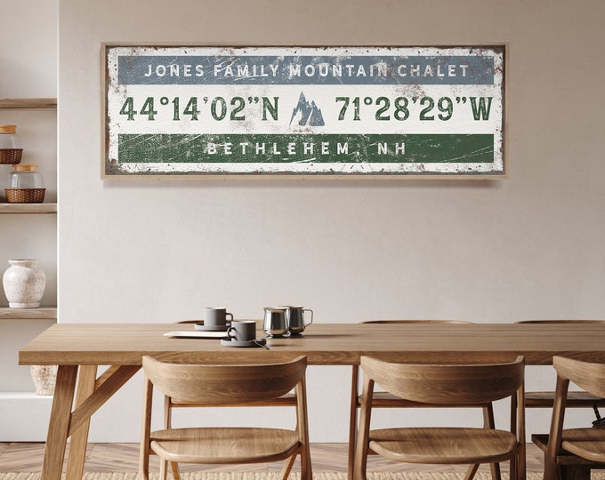 Vintage Mountain Chalet Sign with GPS COORDINATES, Blue and Green Wall Art Print, Ski House Decor, Personalized Longitude & Latitude {giw}