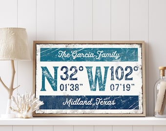 navy blue coordinates sign > latitude & longitude canvas art print, distressed GPS coordinates for vintage nautical decor {grw}