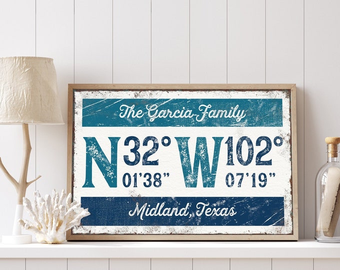 navy blue coordinates sign > latitude & longitude canvas art print, distressed GPS coordinates for vintage nautical decor {grw}