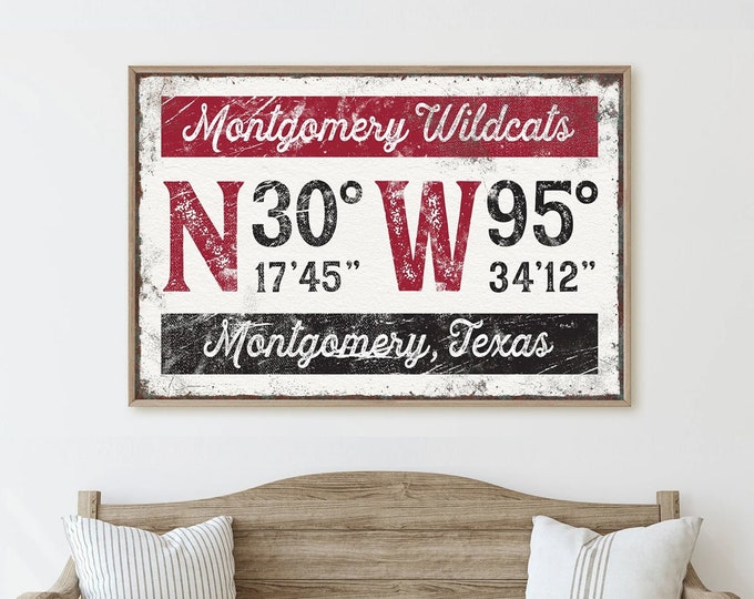 personalized COORDINATES poster > custom dark red and black team name canvas, longitude latitude GPS sign, farmhouse art print {grw}