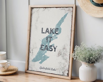 Personalized LAKE IT EASY Canvas Print, Custom Lake Shape, Vintage Butterfield Lake Art, Rustic Tide Blue Wall Art for Lakehouse Decor {lsw}