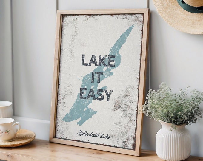 Personalized LAKE IT EASY Canvas Print, Custom Lake Shape, Vintage Butterfield Lake Art, Rustic Tide Blue Wall Art for Lakehouse Decor {lsw}