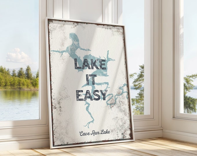 Vintage LAKE IT EASY Signs, Choose your Favorite Lake, Retro Cave Run Lake Art, Rustic Tide Blue Wall Art for Lake House Decor {lsw}