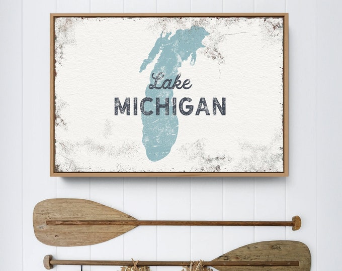 Custom Vintage Lake Wall Art Print for Boho Lake House Decor, Personalized Coastal Canvas Print, featured: LAKE MICHIGAN Silhouette {lsw}