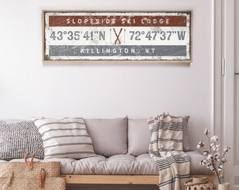 Vintage Ski Lodge Sign with GPS COORDINATES, Oxblood Brown & Slate Gray Wall Art Print, Personalized Retro Ski House Decor {giw}