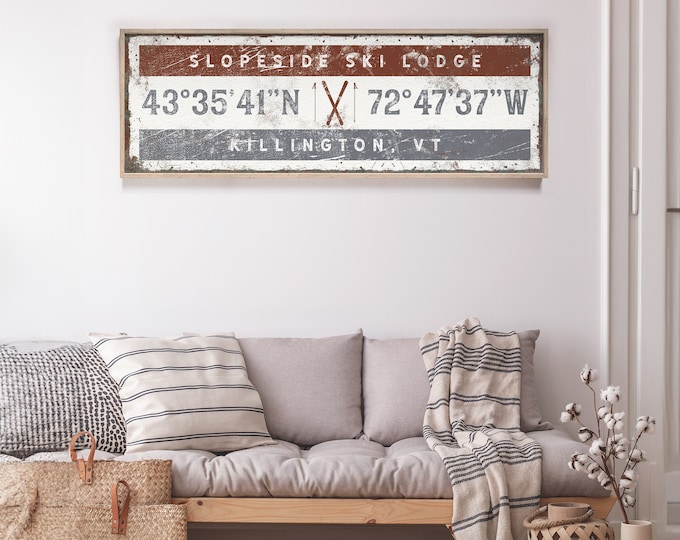 Vintage Ski Lodge Sign with GPS COORDINATES, Oxblood Brown & Slate Gray Wall Art Print, Personalized Retro Ski House Decor {giw}