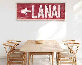 Large LANAI sign with arrow > vintage lanai directional art, dark red lanai sign, horizontal lanai sign {pwo} Active