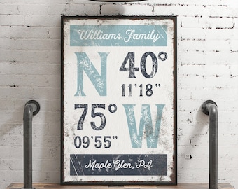 vintage latitude & longitude wall art &gt; tide blue and hale navy GPS COORDINATES sign for lake house or beachhouse decor {grw}