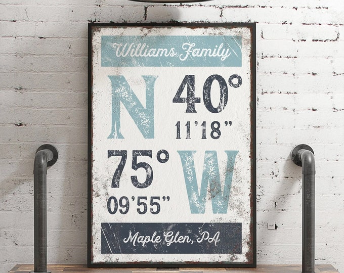 vintage latitude & longitude wall art > tide blue and hale navy GPS COORDINATES sign for lake house or beachhouse decor {grw}