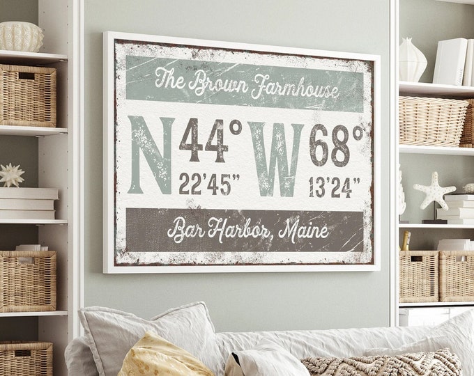 large coordinates sign > vintage taupe and sage green name print, personalized longitude latitude GPS canvas, modern farmhouse decor {grw}