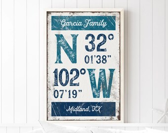 nautical latitude longitude sign > navy blue GPS COORDINATES wall art print, personalized family name sign for coastal farmhouse decor {grw}