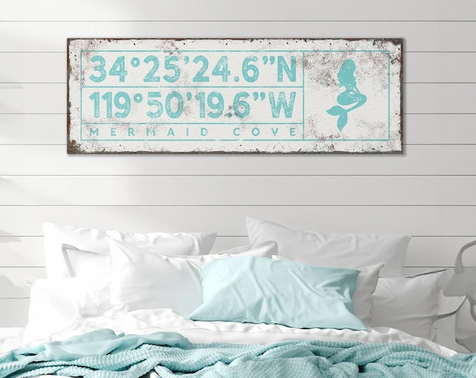 vintage COORDINATES sign with mermaid > personalized beach house decor wall art, aqua blue canvas print with custom GPS location {sgw}