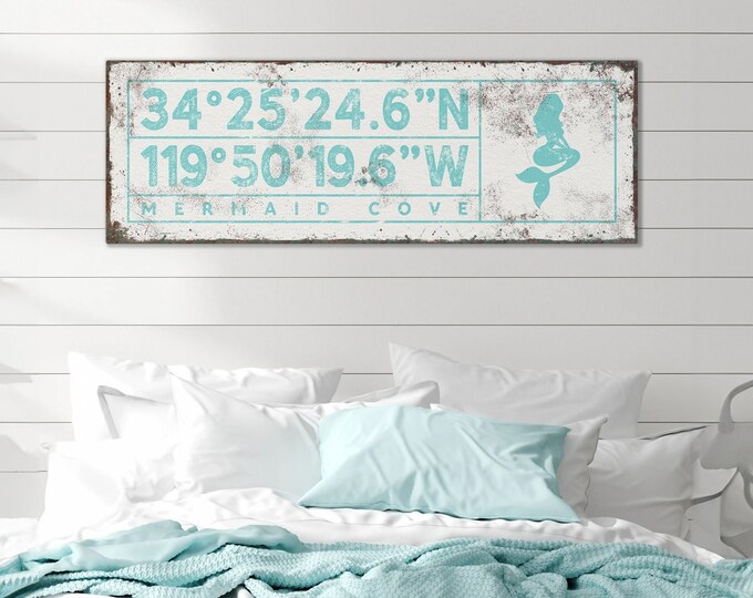 vintage COORDINATES sign with mermaid > personalized beach house decor wall art, aqua blue canvas print with custom GPS location {sgw}