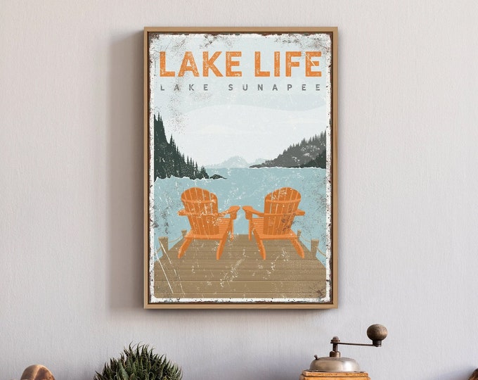 vintage ADIRONDACK CHAIRS SIGN, personalized Lake Life poster, lake dock with chairs sign, Lake Sunapee New Hampshire, orange lake decor vpl
